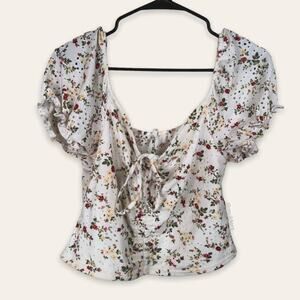 Mark Edwards White Floral Print Ruffle Sleeve Boho Bohemian Cropped Crop Top